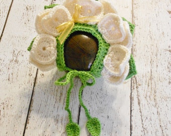 Crochet Cream Flower Bonnet- Newborn to 6-12 Months- Photo Prop