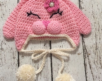 Crochet Bunny Hat- Pink- Newborn to Adult