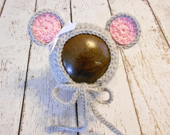 Gehäkelte Baby Maus Mütze- Neugeborene bis 12-18 Monate- Grau und Pink- Photo Prop