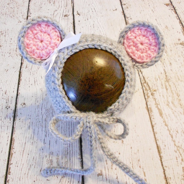 Crochet Baby Mouse Bonnet-Newborn to 12-18 Months- Grey and Pink- Photo Prop