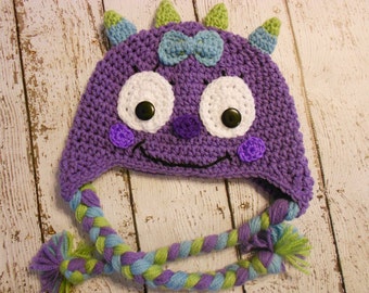 Crochet Purple Girl Monster Hat-Newborn to Adult