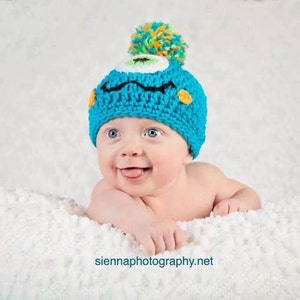 Crochet One Eye Monster Hat- Newborn to Adult- Aqua Blue/Tangerine Orange/Lime Green