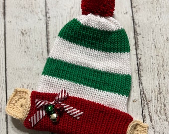 Knit Elf Hat- Green, White and Red- Adult