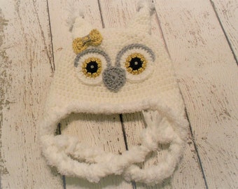 Snowy Owl Earflap Hat- White, Grey, Gold- Newborn to Adult