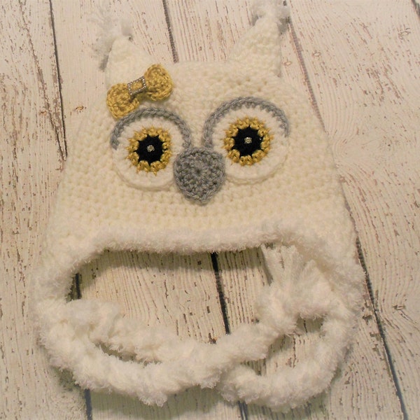 Snowy Owl Earflap Hat- White, Grey, Gold- Newborn to Adult