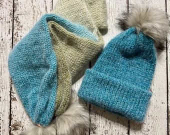 Knit Hat and Scarf Set- Blue/Green Ombré- Adult