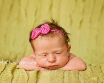 Crochet Bow Headband on Skinny Elastic- Shocking Pink- Newborn to Adult