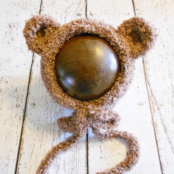 Crochet Fuzzy Teddy Bear Hat-Chocolate Brown-Newborn to 12 Months-Photo Prop