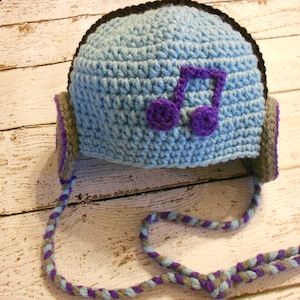 Crochet Headphone Hat- Newborn to Adult- Aqua and Purple