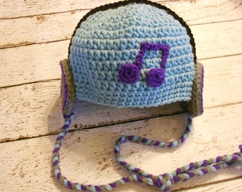 Crochet Headphone Hat- Newborn to Adult- Aqua and Purple