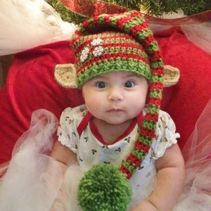 Crochet Christmas Elf Hat With Ears- Green and Red- Newborn to Adult