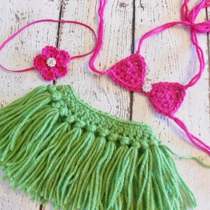 Crochet Hula Skirt, Bikini Top, Heaband Set-Newborn-Photo Prop