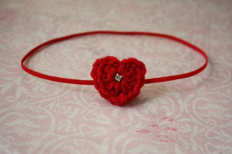 Valentine Crochet Heart Skinny Elastic Headband-Red-Newborn to adult image 3