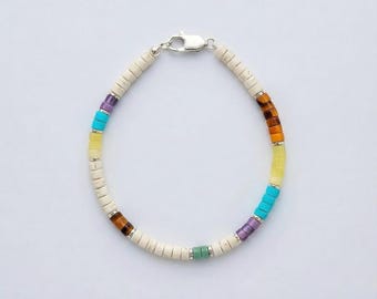 Men's White Turquoise Heishi Bracelet: Sterling Silver Clasp, Mixed Gemstones