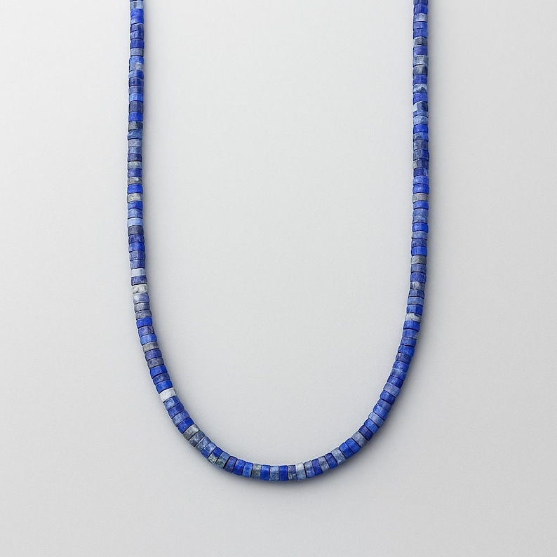 Lapis Lazuli Heishi Bead Necklace: Grade A Blue Stone, Sterling Silver Clasp image 1