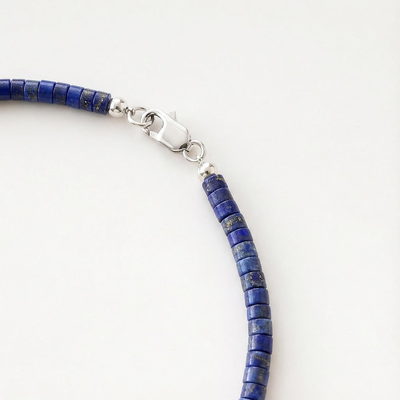 Lapis Lazuli Heishi Bead Necklace: Grade A Blue Stone, Sterling Silver Clasp image 6