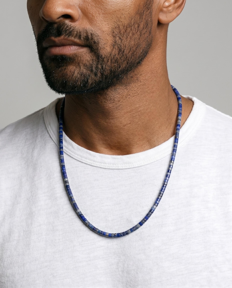 Lapis Lazuli Heishi Bead Necklace: Grade A Blue Stone, Sterling Silver Clasp image 2