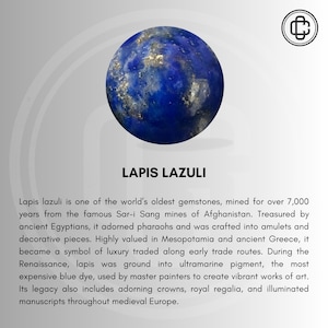 May include: A spherical lapis lazuli gemstone, deep blue with gold flecks, is featured against a light gray background. The text "LAPIS LAZULI" is displayed below the gemstone, highlighting its name.