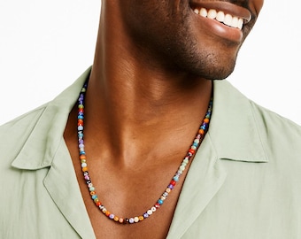 Men's Millefiori Necklace: Colorful Glass Flower Beads, 4mm Minimalist Jewelry
