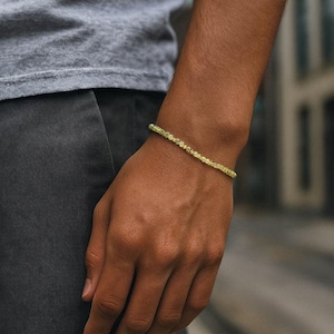 Mens Peridot Bracelet: 2mm Green Faceted Gemstone Beads, Sterling Silver Clasp