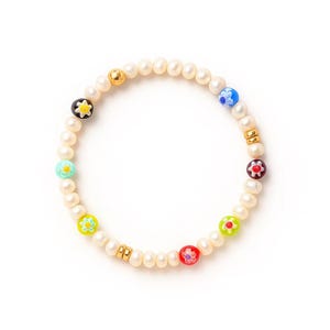 Pearl & Millefiori Glass Bracelet – 4–5mm Freshwater Pearls with 6mm Handmade Glass Beads and Gold Accents