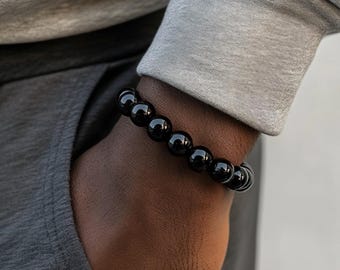 Kralenarmband glanzend zwarte onyx: handgemaakte herensieraden