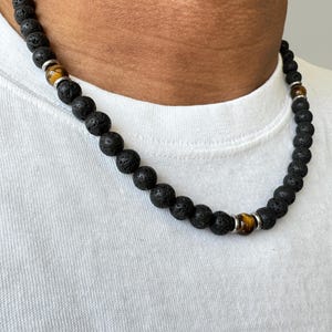 8mm Black Lava Bead Necklace, Men&#39;s Necklace, Men&#39;s Bead Necklace, Black Lava Jewelry, Lava Beaded Necklace, Tiger&#39;s Eye Bead Accents