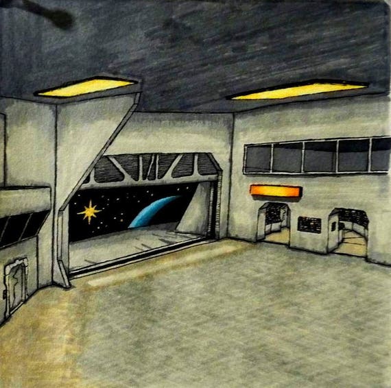 Original Hand Drawn Starship Interior Scene Cargo Bay Space And Science Fiction Star Wars Star Trek Gift For Geek Friend Door