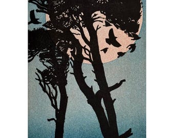 Linocut print of Scots Pine by moonlight