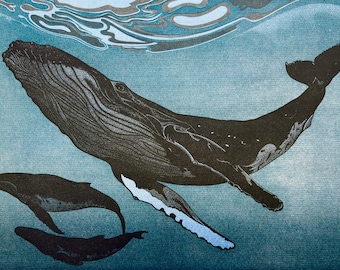 Linocut of Whales