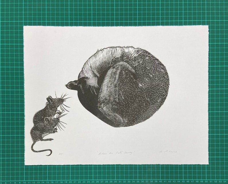 Linocut print of Sleeping cat image 4