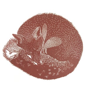Linocut print of Sleeping Fox