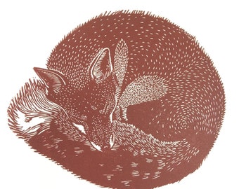 Linocut print of Sleeping Fox