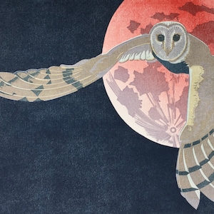 Linocut of a Barn owl and Full moon