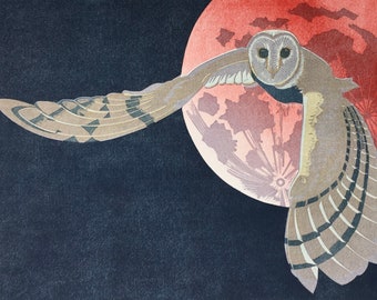 Linocut of a Barn owl and Full moon