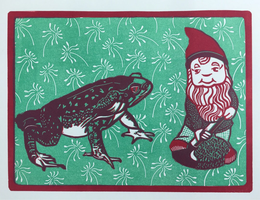 Limited Edition, Two Plate Linocut Print of a Toad Looking at a Garden ...