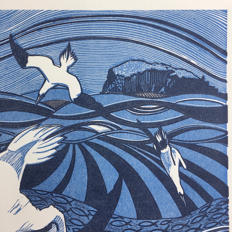 Linocut of the Bass Rock Etsy UK