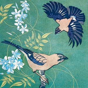 Linocut of two Jays with jasmine