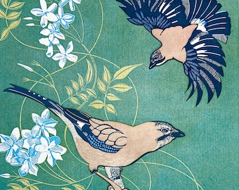 Linocut of two Jays with jasmine