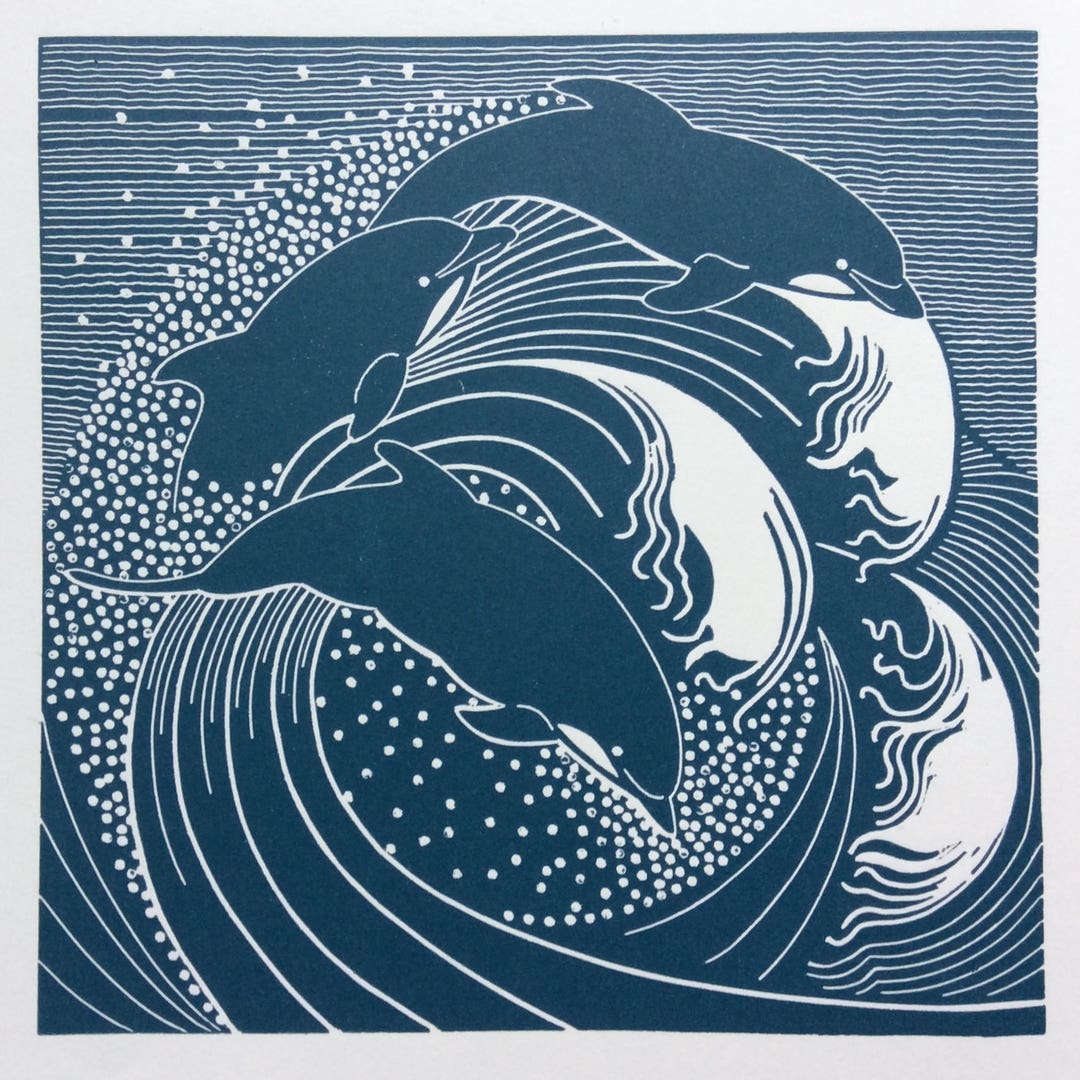 3頭のイルカが跳躍するリノカット版画 - Etsy 日本