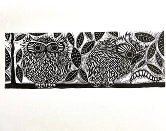 Linocut print of Owls