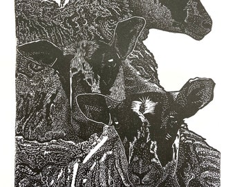 Hand pulled, limited edition linocut print of sheep