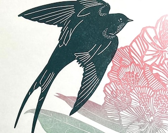 Linocut of swallow with Rhododendron Flower