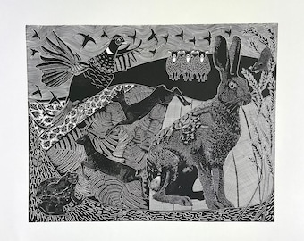 May include: Black and white woodcut print of a hare, birds, and sheep. The hare is in the foreground, looking to the right. The birds are flying in the background, and the sheep are standing in a line.
