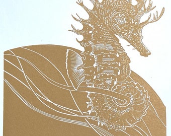 Seahorse linocut (gold)