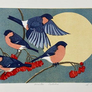 Linocut of Bullfinches