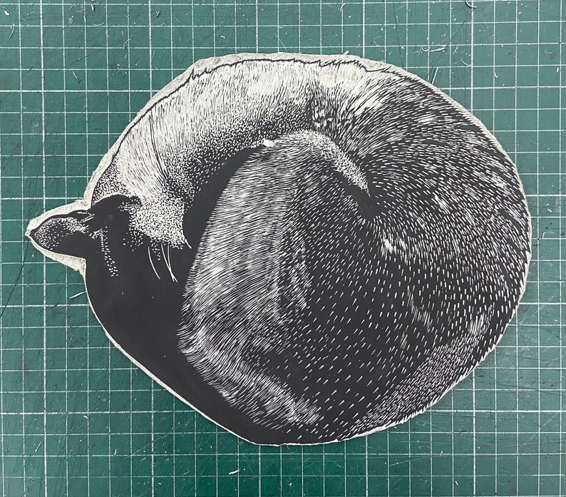 Linocut print of Sleeping cat image 6