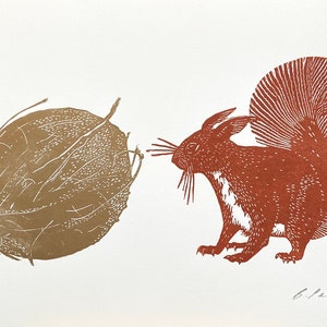 Limited edition linocut print of a Squirrel looking at a coconut