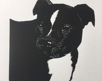 Linocut print of a Staffordshire Bull terrier