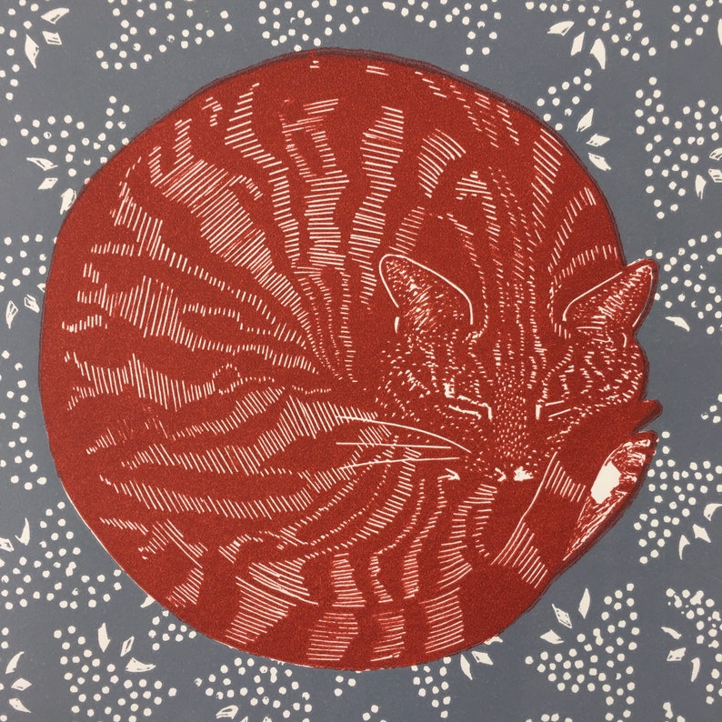 Linocut of a Sleeping cat
